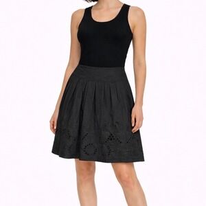 Anne Klein A Line Black Eyelet Pleated Midi Skirt Women 2 Cotton Cottage Chic